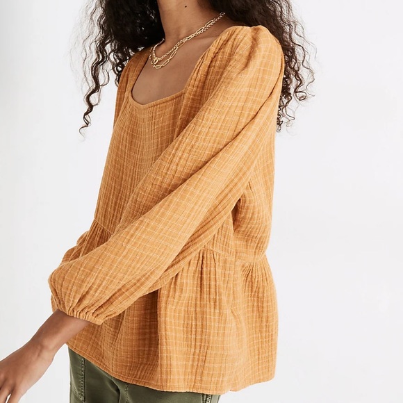 MADEWELL Yellow Peasant Balloon Plaid Top Shirt Blouse - Picture 3 of 6